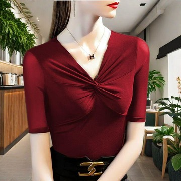 🔥高品質🔥素窕網紗女內搭打底衫洋氣法式上衣2026夏季新款v領ins潮女短袖