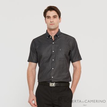 ROBERTA諾貝達 男裝 魅力腰身 黑灰色短袖襯衫(鈕扣領 台灣製)