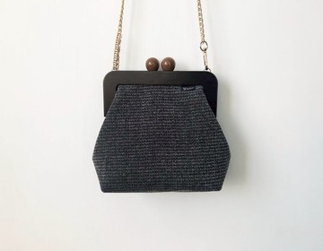 黑灰橫條 毛料 木口金包 手拿包 化妝包 肩背包 隨身包 手機包