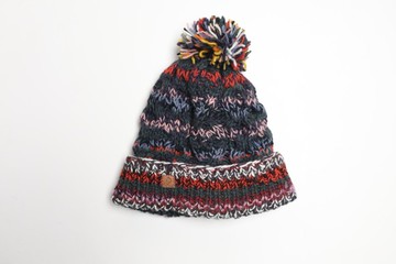 灰紅毛球雜線翻邊純羊毛線手工編織全襯防風毛帽|交換禮物|聖誕節