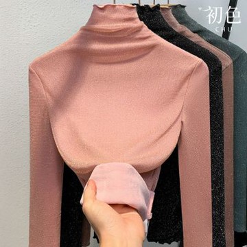 初色 復古風閃絲網紗木耳邊高領長袖保暖內搭打底T恤發熱衣上衣女上衣-共4色-16847(M-3XL可選)
