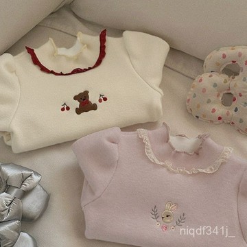 臺灣出貨 花邊小兔刺繡寶寶加絨打底衫 中大童百搭上衣 女童打底衫 洋氣時尚女童上衣 保暖上衣女孩 長袖上衣 冬款打底衫
