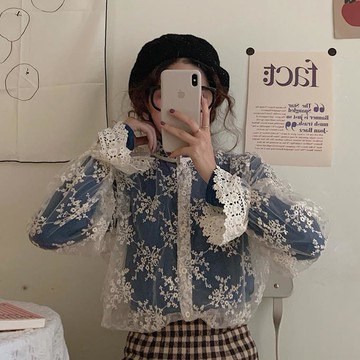 chic喇叭袖花邊拼接蕾絲打底衫女百搭寬松單排扣上衣開衫1入