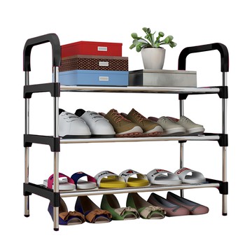 德利生活 不鏽鋼鞋架 3層 黑色 簡易組裝鞋子收納架  1個