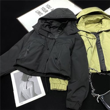 CCA自制高街連帽夾棉加厚沖鋒衣夾克棉衣外套短款軍綠色帶帽棉服