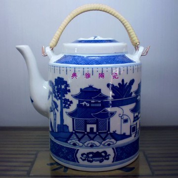 景德鎮陶瓷涼水壺 青花瓷釉底茶壺 釉下彩喬良壺 提粱壺1入