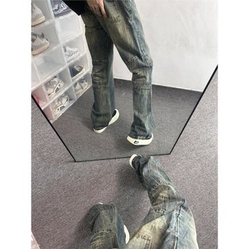 GMCS美式水洗復古直筒拼接牛仔褲做舊微喇叭寬松休閑褲子潮牌