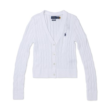 Polo Ralph Lauren RL 熱銷V領刺繡小馬麻花開襟外套 上衣(女)-白色