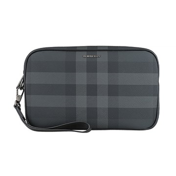 BURBERRY 巴寶莉 鎢鋼金屬LOGO格紋塗層帆布拉鍊手拿包(男款/炭黑)