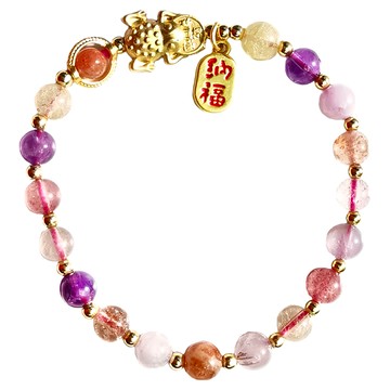 財神小舖 招財咬錢 金蟾超七水晶手鍊 6mm  粉色手鍊  1條