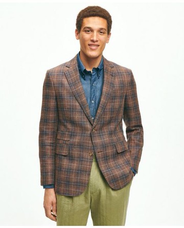 Brooks Brothers Men's Slim Fit Plaid Hopsack Sport Coat in Linen-Wool Blend | Brown | Size 42 Short