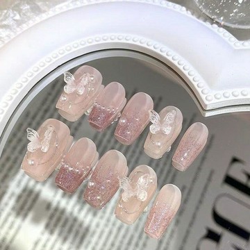 🎀 穿戴美甲 美甲貼片 穿帶甲片 夏天穿戴甲短款裸色網紅仙氣爆閃描金珍珠立體蝴蝶手工穿戴甲
