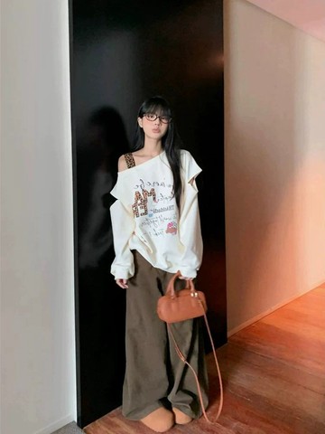 胖mm露肩薄款衛衣女特大碼設計感慵懶風超寬鬆春秋長袖上衣