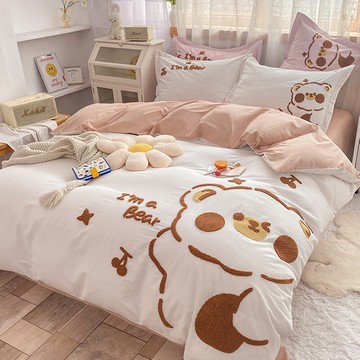卡通風小熊床品床單四件套純棉全棉100被套被罩春夏款床上三件套4