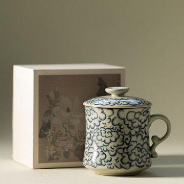 仿古汝窯祥云月牙水杯馬克杯帶蓋 陶瓷  茶杯 茶水分離開片可養泡 茶杯 qxm7251