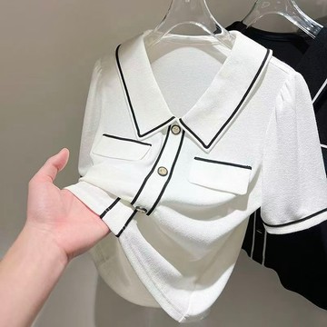 短袖上衣 超讚 設計小衆夏季Polo領正肩短袖冰絲T恤女寬鬆顯瘦設計感小香風上衣針織衫潮2