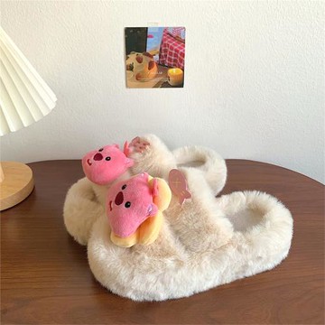 可愛小海貍露比棉拖鞋女外穿防滑ins潮2026秋冬新款一字毛毛拖鞋