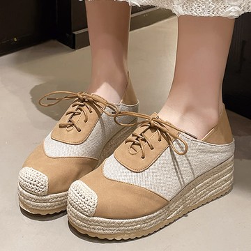 【現貨出清】可後踩．日系草編拼接綁帶圓頭楔型包鞋．白鳥麗子