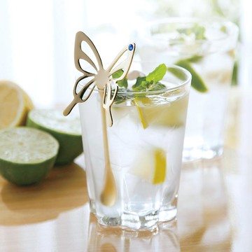 日製蝴蝶造型鑽飾不鏽鋼攪拌匙-2入-多色可選 銀色 (藍鑽飾)