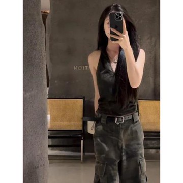 美式復古辣妹設計感掛脖無袖背心女夏季新款廢土風連帽露背短上衣