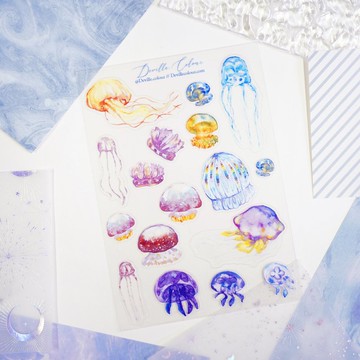 【深海水母】水彩插畫 白墨PET貼紙 手帳 防水 啫哩魚 海洋生物