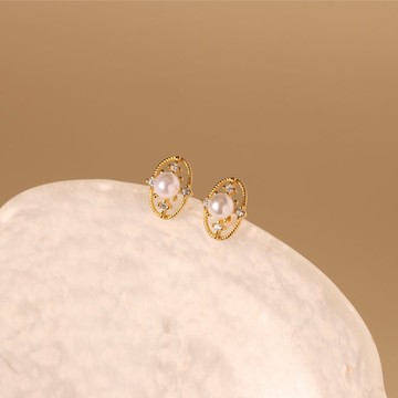 s925銀精緻鑲鑽珍珠圓圈耳環耳釘 養耳洞 防敏感女生耳釘