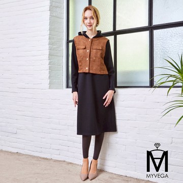 【MA】真兩件麂皮背心連帽長洋裝-黑