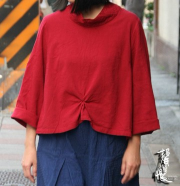 【聲聲慢】日風圓領刺繡棉麻上衣