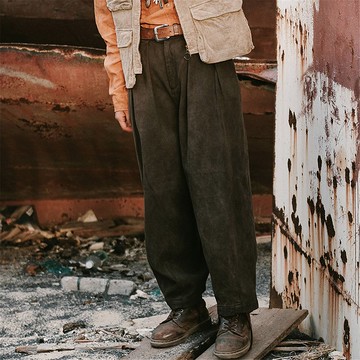 栗咖色 2色 100%純棉劍道工裝寬褲  天然植物染寬鬆中性蘿蔔褲