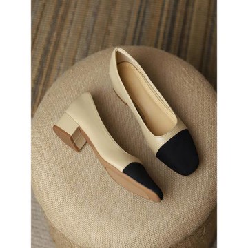 真皮小香風單鞋2026拼色百搭淺口春季女鞋新款粗跟低跟韓版奶奶鞋