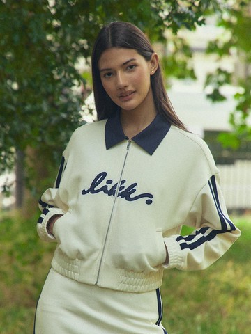 Collar Point Lettering Jersey Jumper (beige)