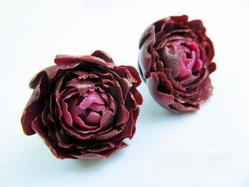 酒紅色牡丹耳環 大花牡丹耳釘 植物花卉耳釘