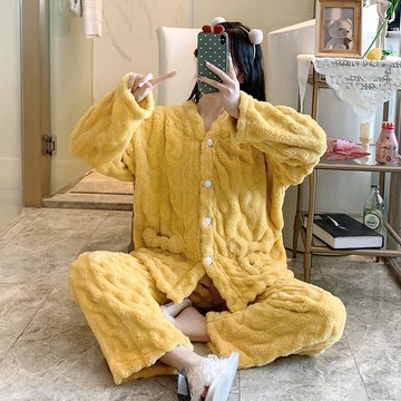 睡衣女甜美純色加厚法蘭絨開衫秋冬休閑簡約舒適珊瑚絨家居服套裝