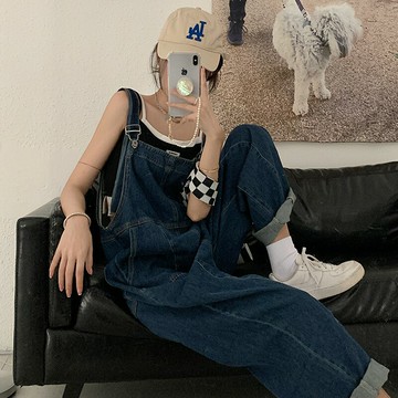 牛仔背帶褲女2022新款大碼胖妹妹mm寬松連體褲小個子減齡闊腿長褲