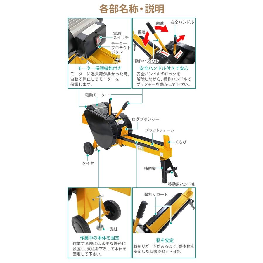 高速薪割り機 電動薪割り機 薪割り機 ログスプリッター 電動 高速破砕 破砕力約7t 最大対応薪サイズ直径約25cm長さ約52cm 消費電力約1500W 電源100V モーター 黄