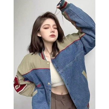 韓版復古辣妹棒球服夾克外套女春秋季設計感撞色拼接牛仔百搭上衣