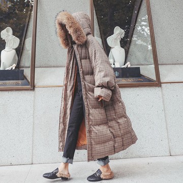 現貨+預購 連帽外套長版夾克-舖棉寬鬆大毛領格紋女外套73wd28【獨家進口】【米蘭精品】