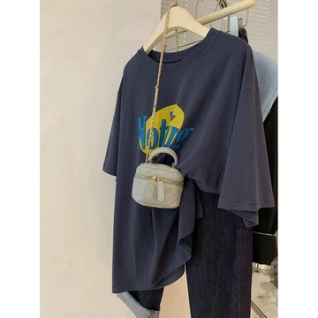 M-4XL 大尺碼短袖T恤女 純棉T恤 印花上衣 寬鬆上衣 后包領韓版設計感上衣夏