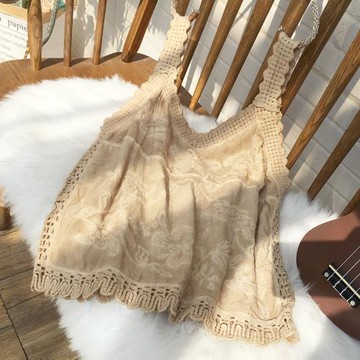甜美清新棉線鉤花小吊帶背心女 鏤空刺繡文藝設計感罩衫坎肩