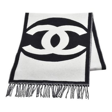 CHANEL 經典黑白雙C LOGO喀什米爾羊絨流蘇圍巾(黑/白)