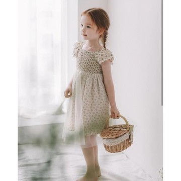 自留100-145韓系高端童裝碎花泡泡紗彈力褶皺拼網紗公主風連衣裙