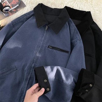 純棉水洗工裝外套男2025潮牌新款寬松復古美式拼接翻領休閑夾克衫