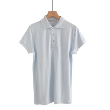 全棉翻領短袖t恤女淺藍夏季新款帶領工作服修身運動休閑polo衫