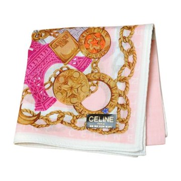 CELINE 經典巴黎鐵塔凱旋門金鍊圖騰字母LOGO帕領巾(粉紅系/48CM)