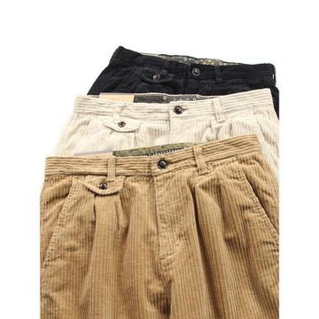 日式咔嘰雙褶工裝褲男加厚重磅水洗復古粗條燈芯絨寬松直筒休閑褲