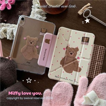 甜味山谷 巴塞羅熊波點可愛韓國荔枝紋平板保護殼防彎亞克力背板適用于ipad蘋果pro2022air456mini67星光色