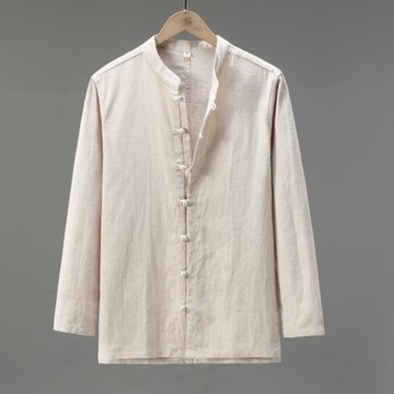 春夏季薄款盤扣棉麻襯衫男裝長袖亞麻料襯衣外套復古苧麻布上衣服