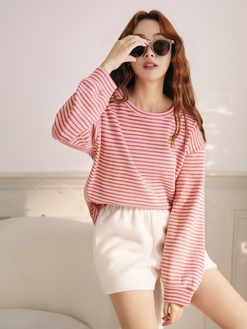 親膚高含棉撞色條紋落肩寬版T