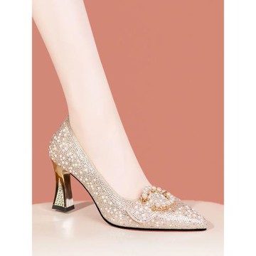 2025春秋季新款高跟鞋女尖頭女鞋珍珠水鉆粗跟婚鞋氣質配旗袍單鞋