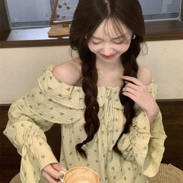 【法式溫柔風】女裝上衣 襯衫女 長袖 一字肩 設計感 別緻 小眾 春秋款 shirt